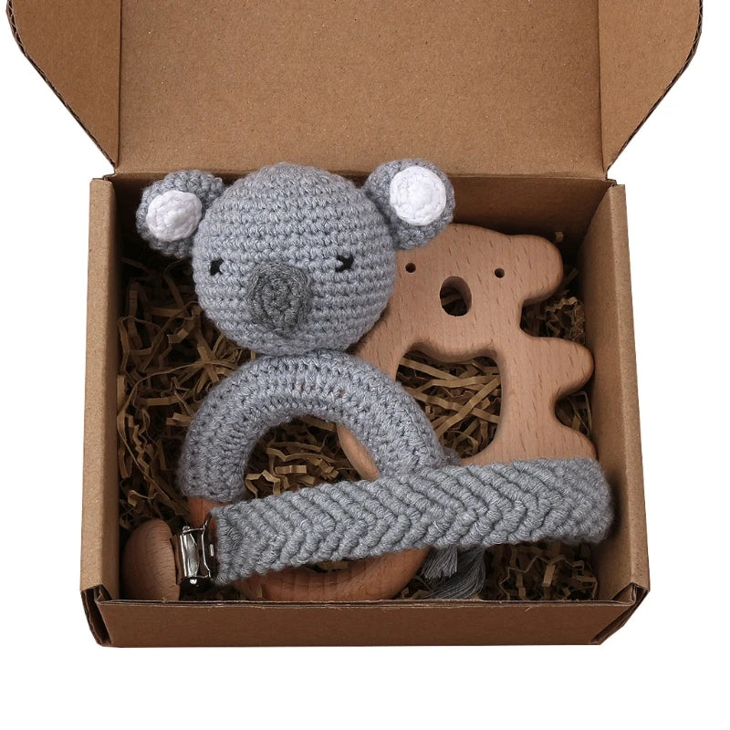 1Set Crochet Bunny Baby Teether Rattle Safe Beech Wooden Teether Ring Pacifier Clip Chain Set Newborn Mobile Gym Educational Toy