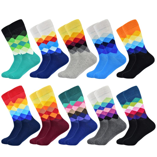 Men Socks Standard Casual Happy Socks High Quality Diamond Pattern Cotton Socks 10 Colors Couple suit Men's plus size socks