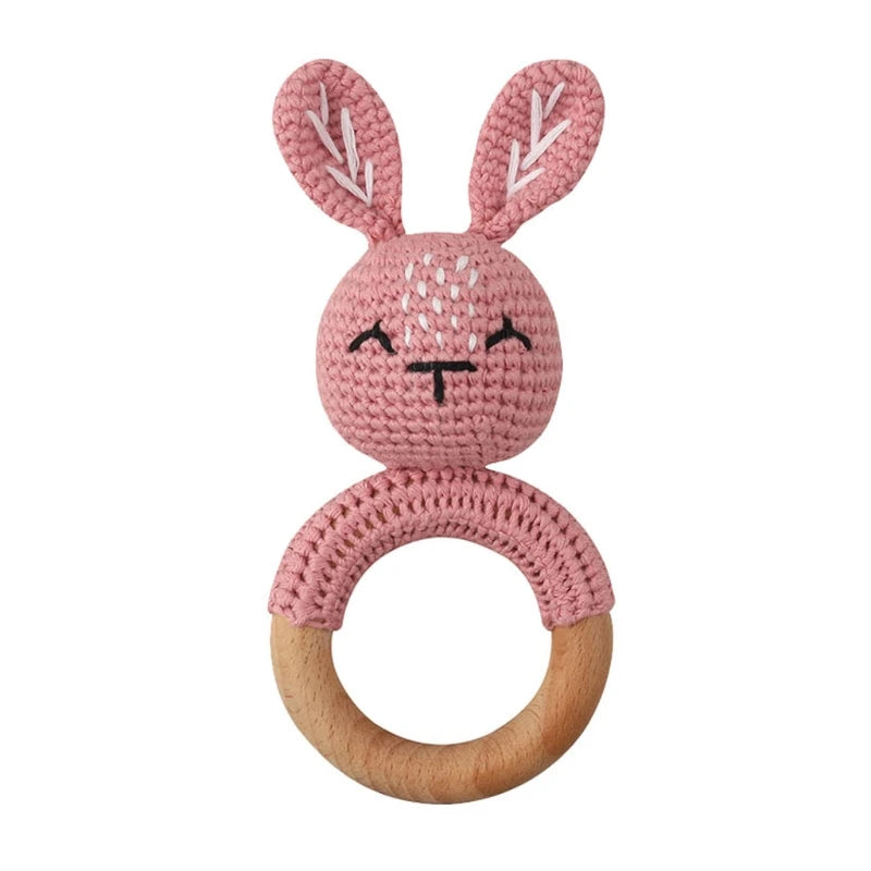 1Set Crochet Bunny Baby Teether Rattle Safe Beech Wooden Teether Ring Pacifier Clip Chain Set Newborn Mobile Gym Educational Toy