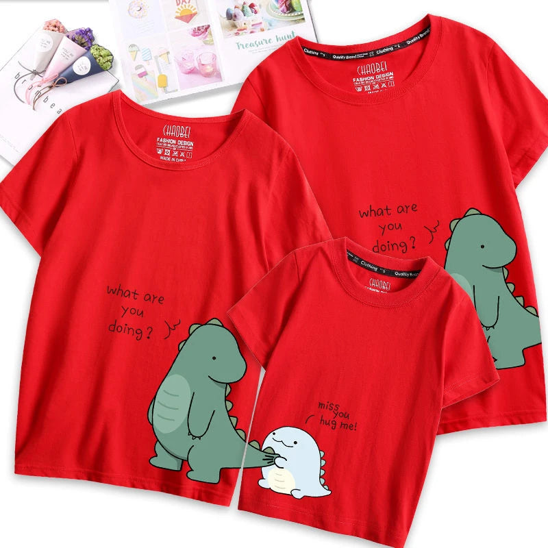 Family Matching Outfits Clothes Mother Dad and Kid Summer Cartoon Dinosaur T-Shirt Sport Clothing Cotton Parent Child Outfits