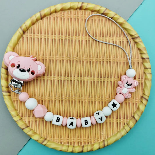 Custom English Russian Silicone Letter Name Baby Bear Silicone Beads Pendant Pacifier Clips Chains Teether Baby Kawaii Toy Gifts