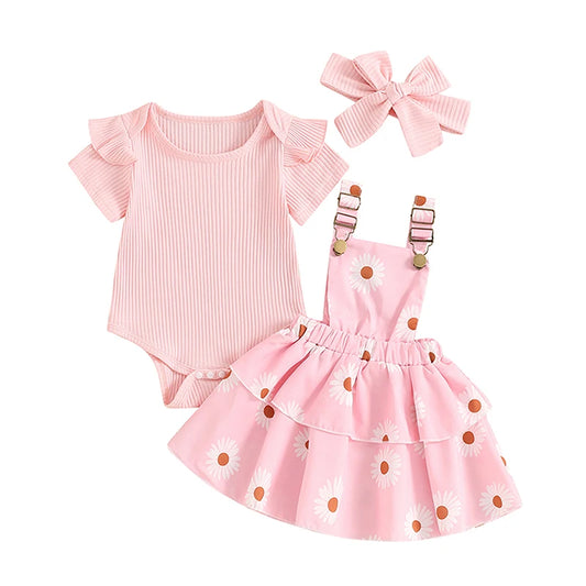 Toddler Baby Girl Outfit Short Sleeve Ribbed Romper Tops Summer Jumpsuit Daisy Suspender Dress with Headband Children Outerwear