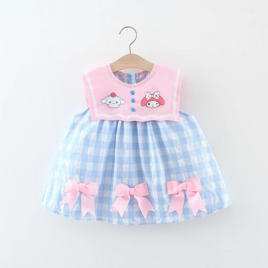 Summer New Baby Girls Dress School Style Small Animal Print Blue Plaid Bow Princess Dress Sleeveless Lightweight