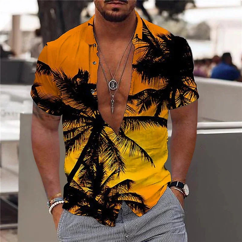 Hawaiian Shirt For Men Vacation Daily Slim Fit Tops Gym Elegant Flower Pattern Leaves Social Casual Fashion Camisa Y2k Clothing