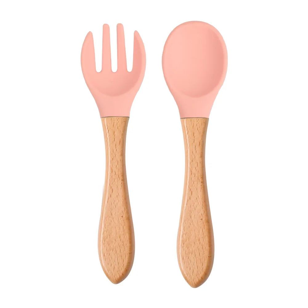 2pcs/set Food Grade Silicone Mini Fork Spoon For Baby Wooden Print Utensils Set Feeding Spoon Learn To Eat Children's Tableware