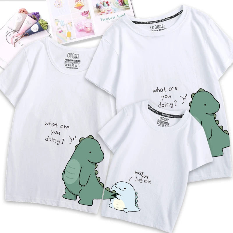 Family Matching Outfits Clothes Mother Dad and Kid Summer Cartoon Dinosaur T-Shirt Sport Clothing Cotton Parent Child Outfits