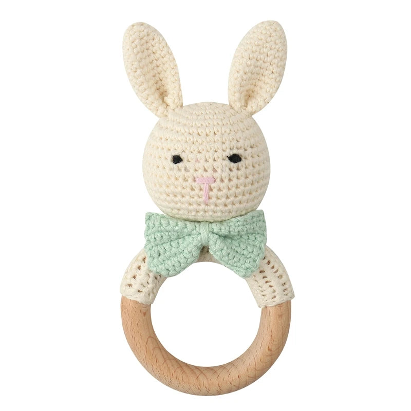 1Set Crochet Bunny Baby Teether Rattle Safe Beech Wooden Teether Ring Pacifier Clip Chain Set Newborn Mobile Gym Educational Toy