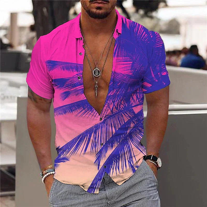 Hawaiian Shirt For Men Vacation Daily Slim Fit Tops Gym Elegant Flower Pattern Leaves Social Casual Fashion Camisa Y2k Clothing