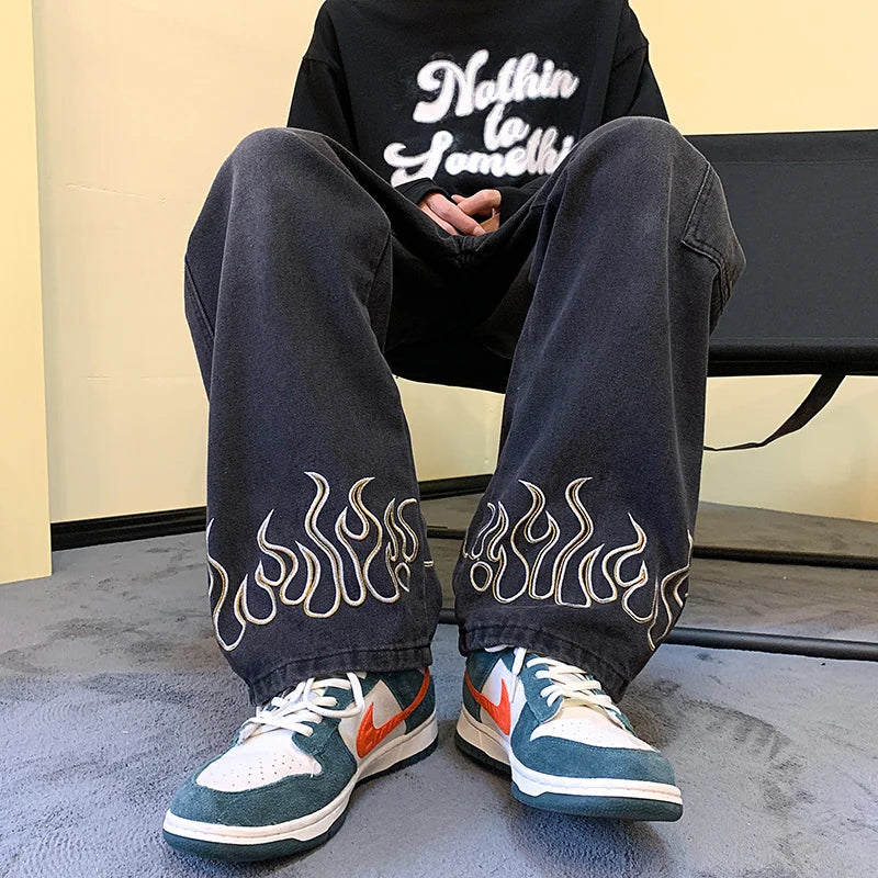 Y2K Vintage Flame Printed Jeans For Men Baggy Streetwear Wide Leg Denim Trousers 2025 New Hip Hop Fashion Straight Pantalones