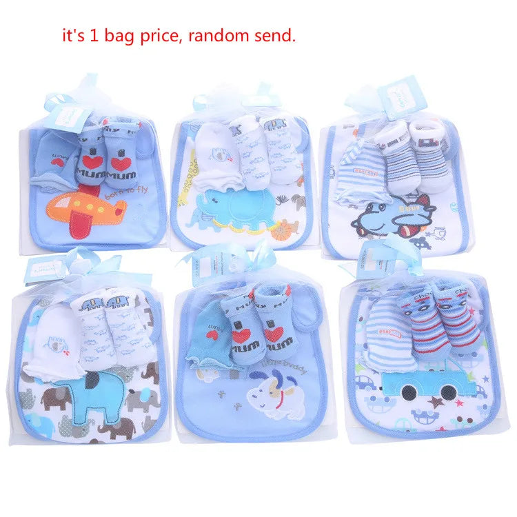 Baby Cotton Bibs +Gloves +Socks Sets Bag Cute Kawaii Newborn Kids Burp Cloths for Children Boys Girls Accessories Birthday Gift