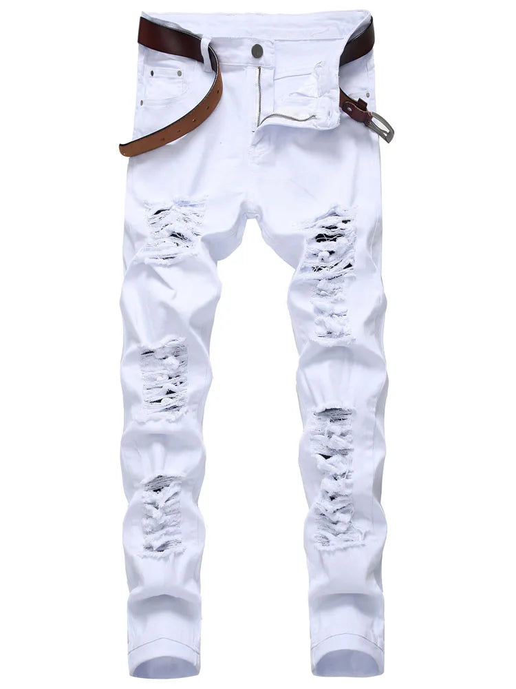 High Street Straight Denim Trousers Men's White Flag Print Jeans Stretch Slim Casual Five-Pointed Star Hip Hop Large Size Pants