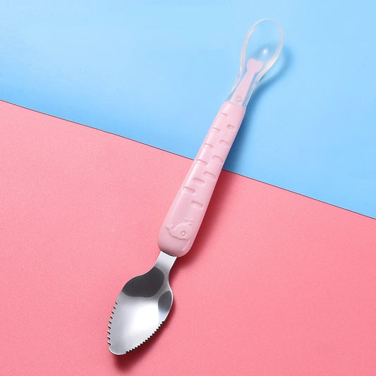 Baby Double Head Silicone Stainless Steel Children Utensil Toddler Infant Food Eating Fruit Scraping Mud Spoon Feeding Tableware