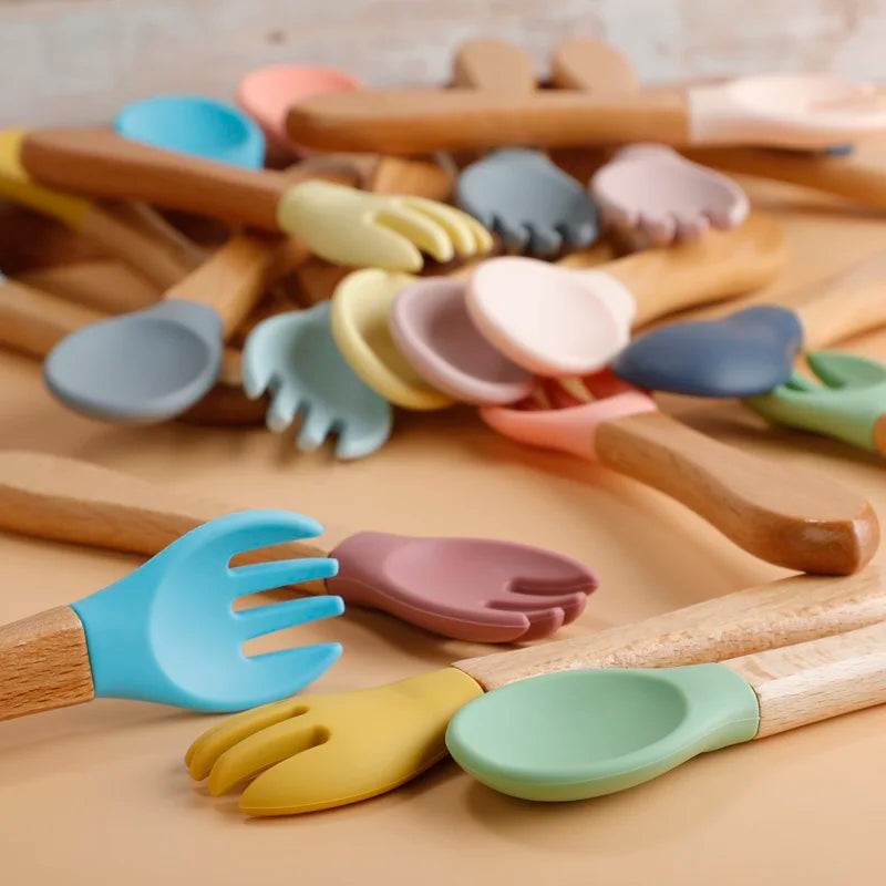 2pcs/set Food Grade Silicone Mini Fork Spoon For Baby Wooden Print Utensils Set Feeding Spoon Learn To Eat Children's Tableware