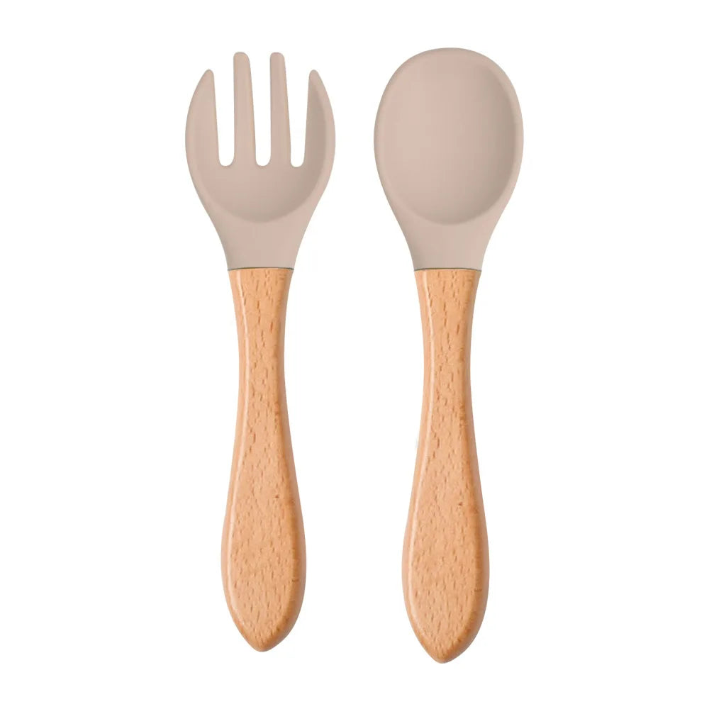 2pcs/set Food Grade Silicone Mini Fork Spoon For Baby Wooden Print Utensils Set Feeding Spoon Learn To Eat Children's Tableware