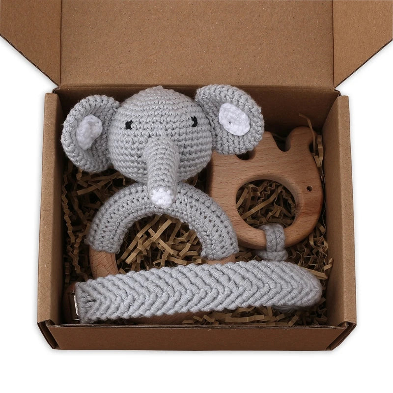 1Set Crochet Bunny Baby Teether Rattle Safe Beech Wooden Teether Ring Pacifier Clip Chain Set Newborn Mobile Gym Educational Toy