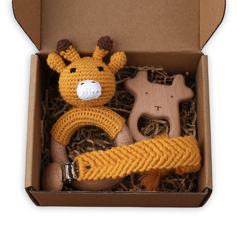 1Set Crochet Bunny Baby Teether Rattle Safe Beech Wooden Teether Ring Pacifier Clip Chain Set Newborn Mobile Gym Educational Toy