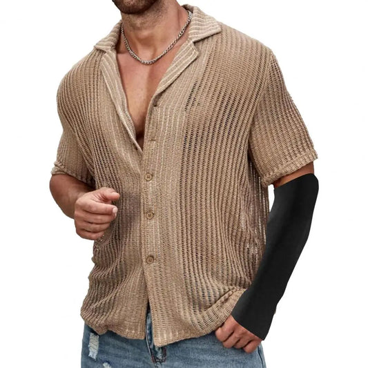 Summer Men Shirt Knitted Hollow Elastic Vintage Short Sleeves Shirt Single-breasted Cardigan Vacation Beach Top