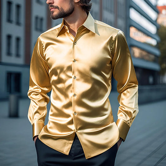 Men's Casual Satin Silk Shirts Single Breasted Button Lapel Collar Dress Shirt Slim Fit Fashion Party Long Sleeve Tops Clothing