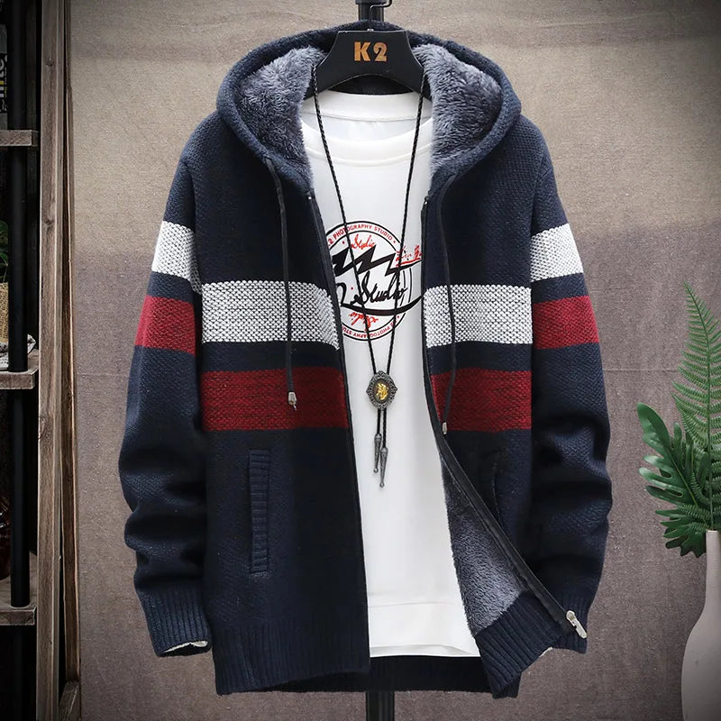 Men's Striped Cardigan Winter Sweater Fleece Jumper Hooded Clothes Harajuku Japanese Casual Windbreaker Korean Knit Jacket Coat