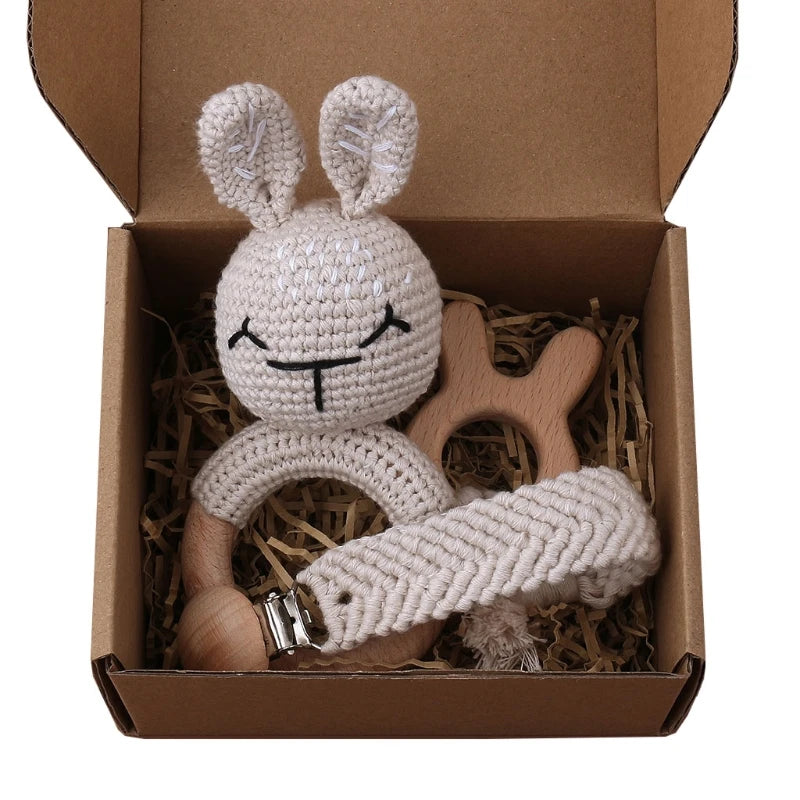 1Set Crochet Bunny Baby Teether Rattle Safe Beech Wooden Teether Ring Pacifier Clip Chain Set Newborn Mobile Gym Educational Toy