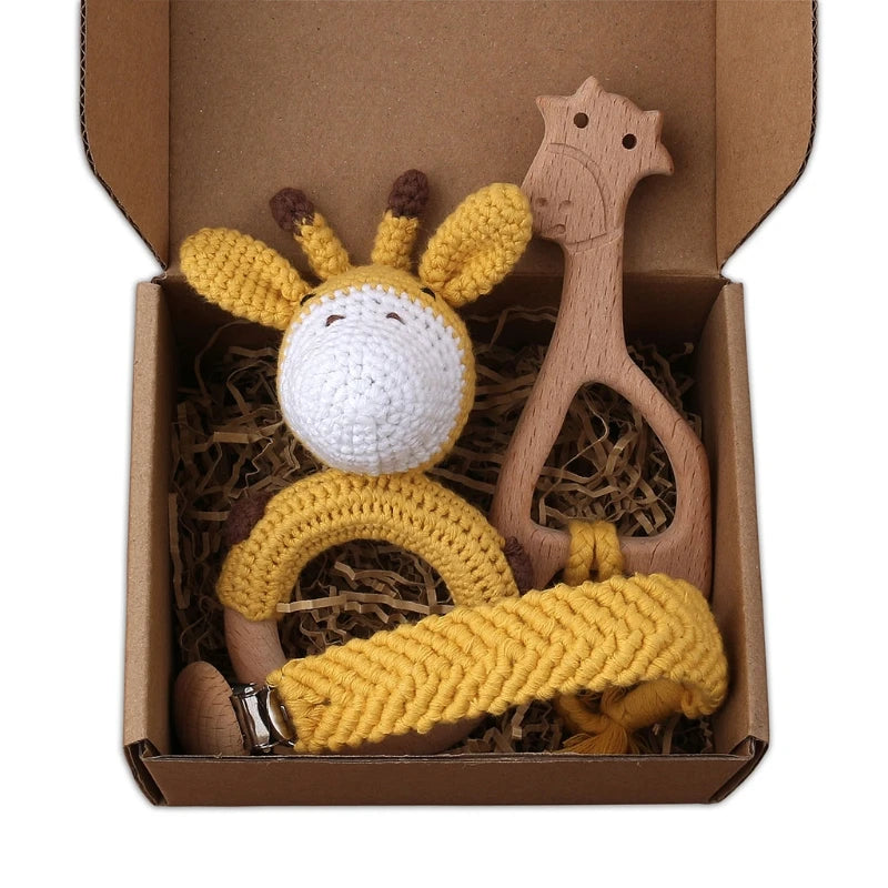 1Set Crochet Bunny Baby Teether Rattle Safe Beech Wooden Teether Ring Pacifier Clip Chain Set Newborn Mobile Gym Educational Toy