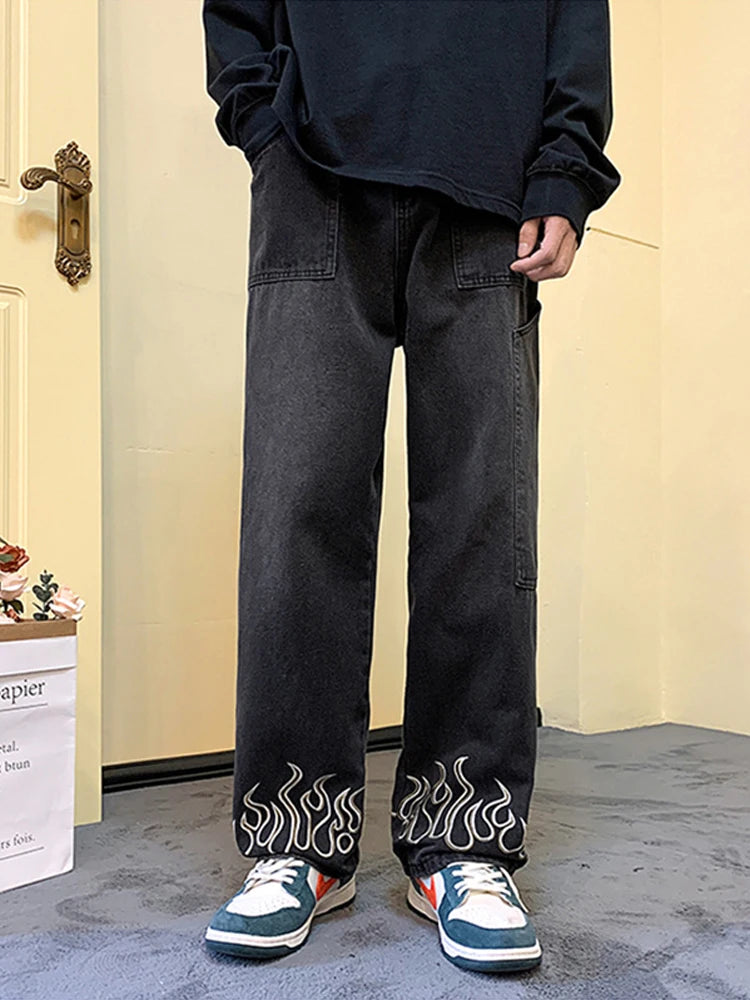 Y2K Vintage Flame Printed Jeans For Men Baggy Streetwear Wide Leg Denim Trousers 2025 New Hip Hop Fashion Straight Pantalones