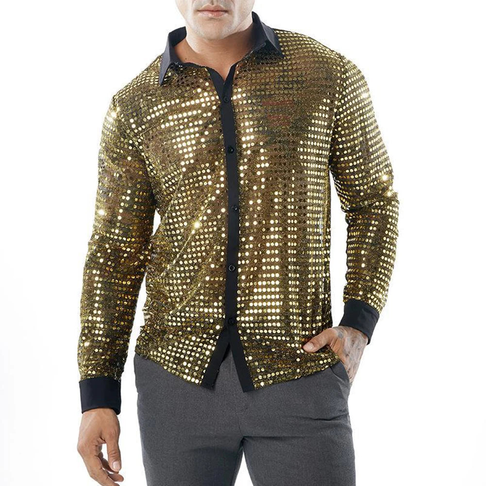 Men's Sparkly Sequins Party Dance Shirts Fashion Lapel Collar Long Sleeve Retro 70s Disco Stage Shirt Tops Men's Clothing