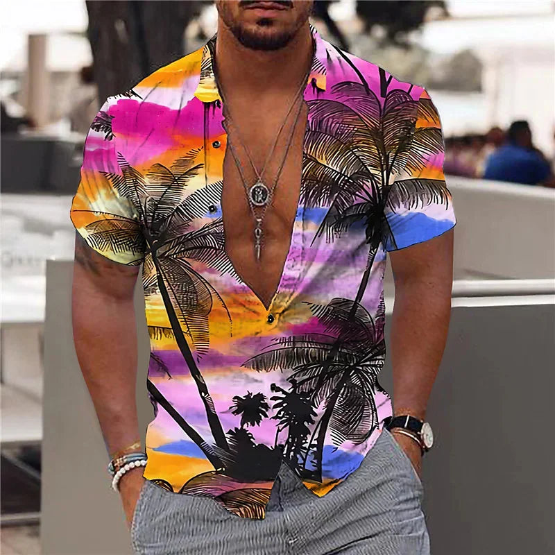 Hawaiian Shirt For Men Vacation Daily Slim Fit Tops Gym Elegant Flower Pattern Leaves Social Casual Fashion Camisa Y2k Clothing