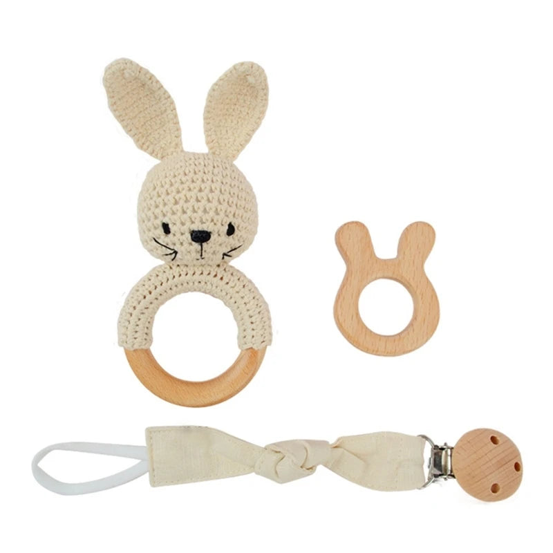 1Set Crochet Bunny Baby Teether Rattle Safe Beech Wooden Teether Ring Pacifier Clip Chain Set Newborn Mobile Gym Educational Toy