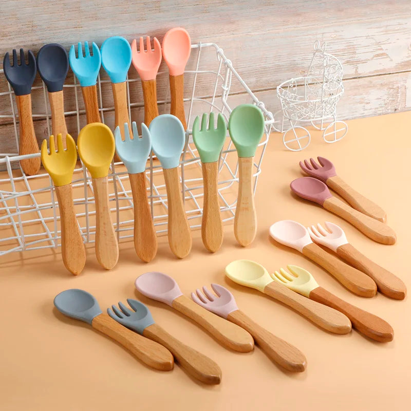 2pcs/set Food Grade Silicone Mini Fork Spoon For Baby Wooden Print Utensils Set Feeding Spoon Learn To Eat Children's Tableware