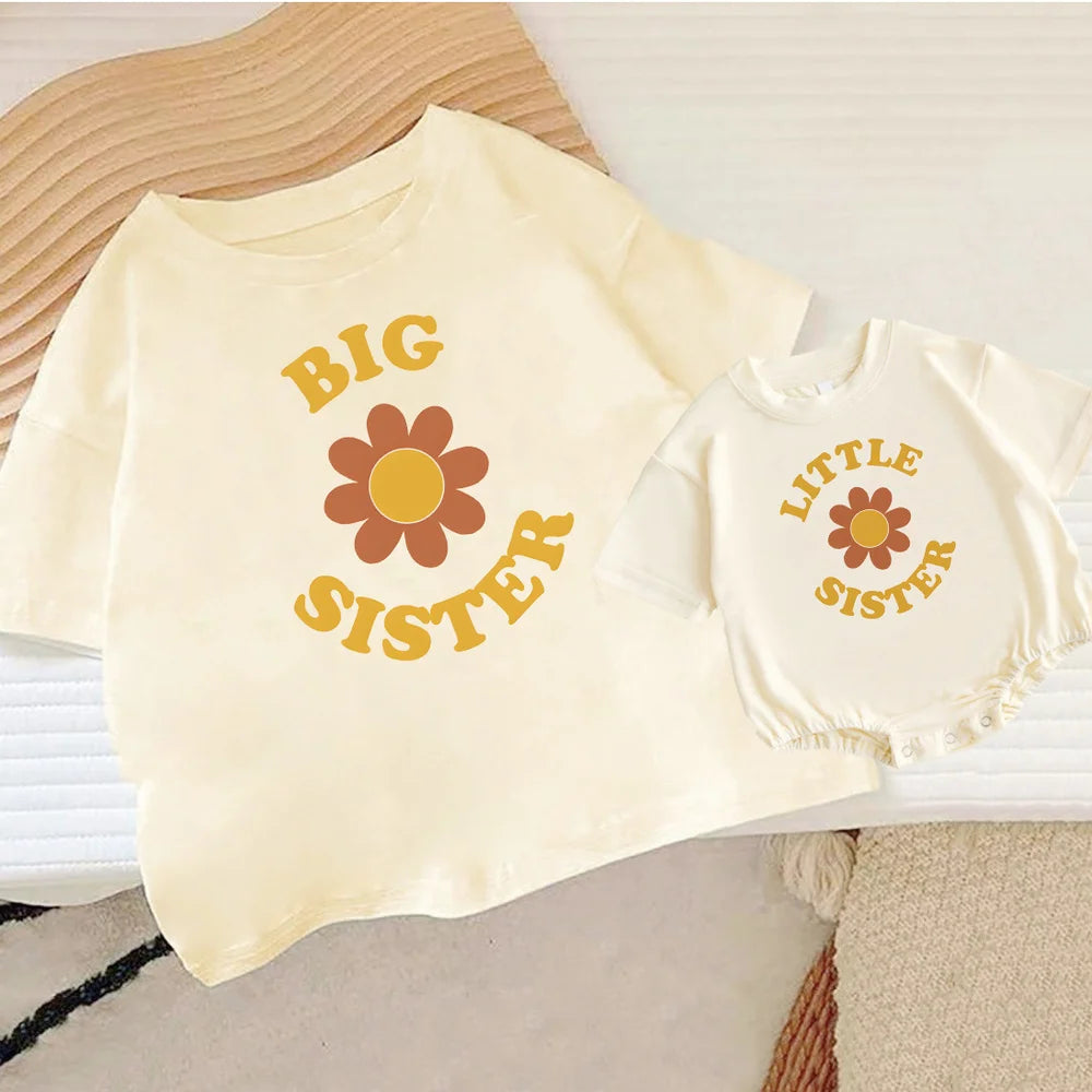 Retro Big/Little Sister&flower Print Family Matching Outfit Casual Sister Outfits Kids Tshirt+Baby Romper Summer Child Gifts