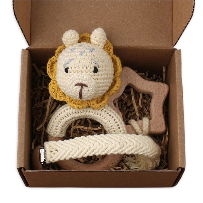1Set Crochet Bunny Baby Teether Rattle Safe Beech Wooden Teether Ring Pacifier Clip Chain Set Newborn Mobile Gym Educational Toy