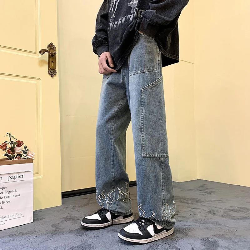 Y2K Vintage Flame Printed Jeans For Men Baggy Streetwear Wide Leg Denim Trousers 2025 New Hip Hop Fashion Straight Pantalones