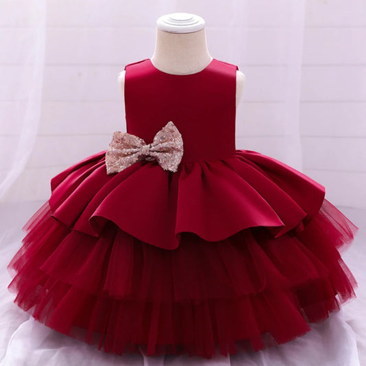 2024 Summer Sequin Big Bow Baby Girl Dress 1st First Birthday Party Wedding Dress For Girl Princess Evening Dresses Kid Clothes