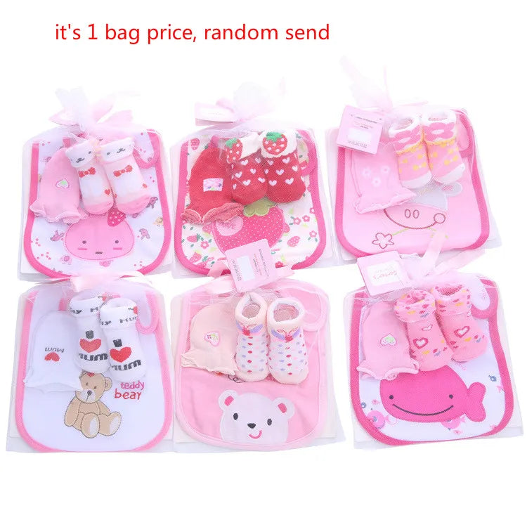 Baby Cotton Bibs +Gloves +Socks Sets Bag Cute Kawaii Newborn Kids Burp Cloths for Children Boys Girls Accessories Birthday Gift