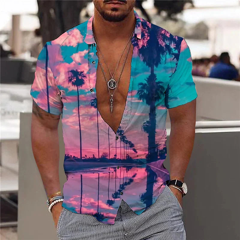 Hawaiian Shirt For Men Vacation Daily Slim Fit Tops Gym Elegant Flower Pattern Leaves Social Casual Fashion Camisa Y2k Clothing