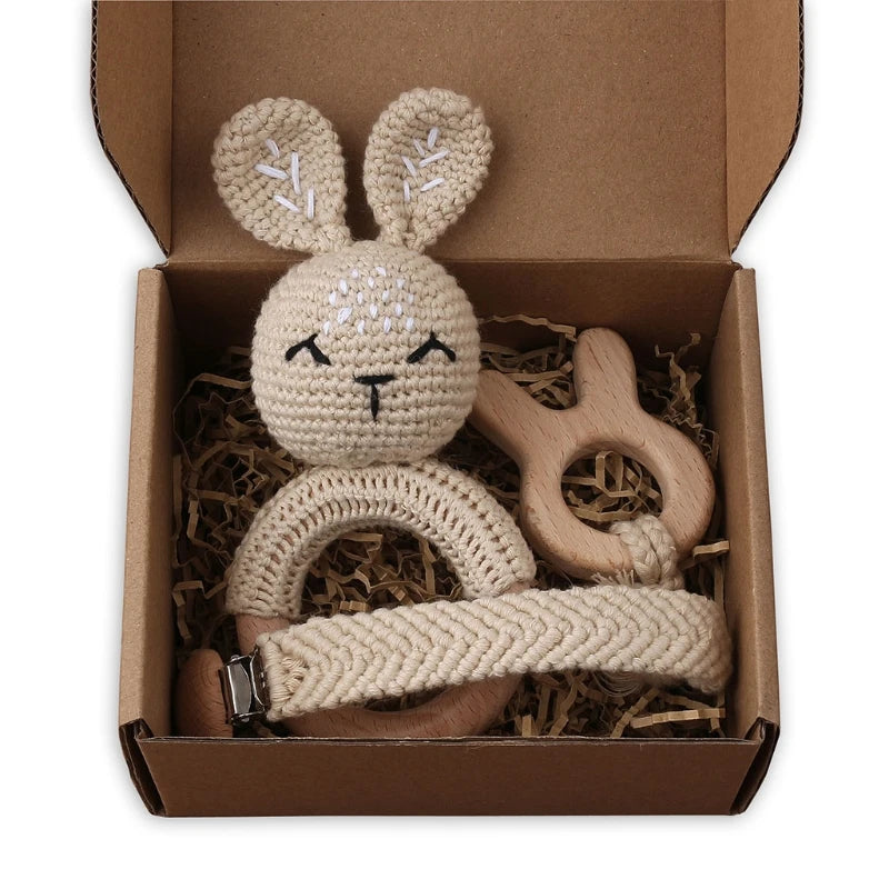 1Set Crochet Bunny Baby Teether Rattle Safe Beech Wooden Teether Ring Pacifier Clip Chain Set Newborn Mobile Gym Educational Toy