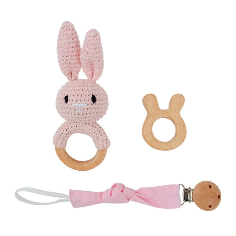 1Set Crochet Bunny Baby Teether Rattle Safe Beech Wooden Teether Ring Pacifier Clip Chain Set Newborn Mobile Gym Educational Toy