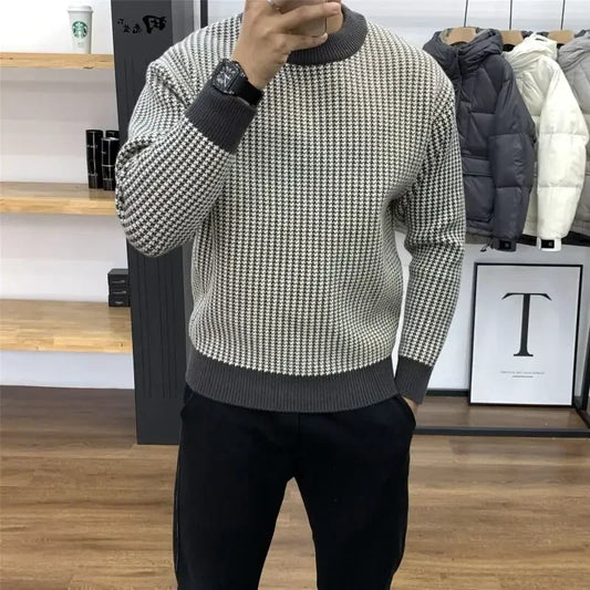 Man Clothes Round Collar Plaid Knitted Sweaters for Men Pullovers Crewneck Black Spring Autumn Elegant Designer Luxury Sheap A S