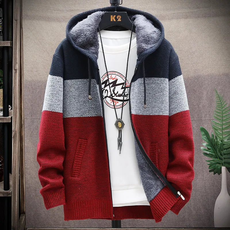 Men's Striped Cardigan Winter Sweater Fleece Jumper Hooded Clothes Harajuku Japanese Casual Windbreaker Korean Knit Jacket Coat