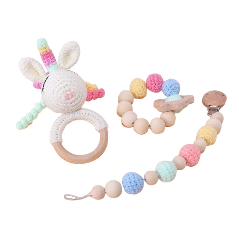 Newborn Gift Set 1 Pack Baby Rattle Toy/3pcs/set Pacifier Clip with Crochet Teether Suitable for 0-12 months Babies Dropship
