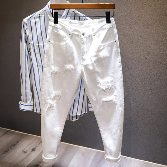 New White Jeans Men All-match Fashion Ripped Hole Slim Stretch Harem Pants Comfortable Male Streetwear Denim Trousers