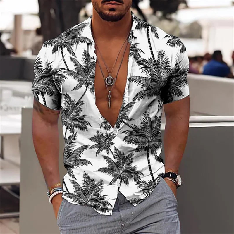 Hawaiian Shirt For Men Vacation Daily Slim Fit Tops Gym Elegant Flower Pattern Leaves Social Casual Fashion Camisa Y2k Clothing