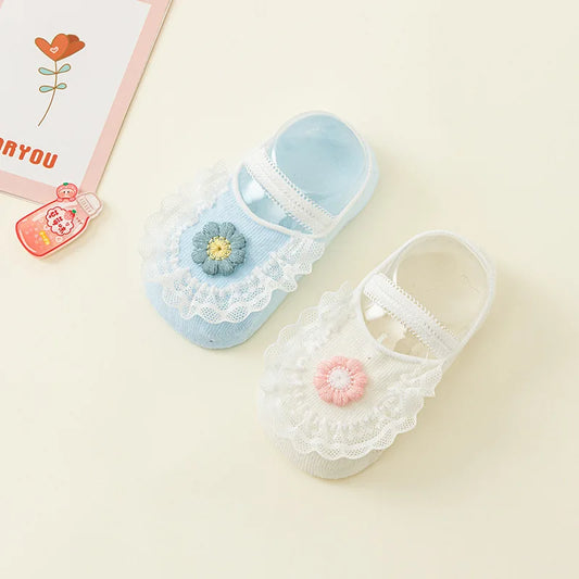 2pairs 0-12M Newborn Cotton Short Socks Cute Flower Lace Footwear Non-slip Floor Socks for Baby Girls Toddler Anklet Boat Socks