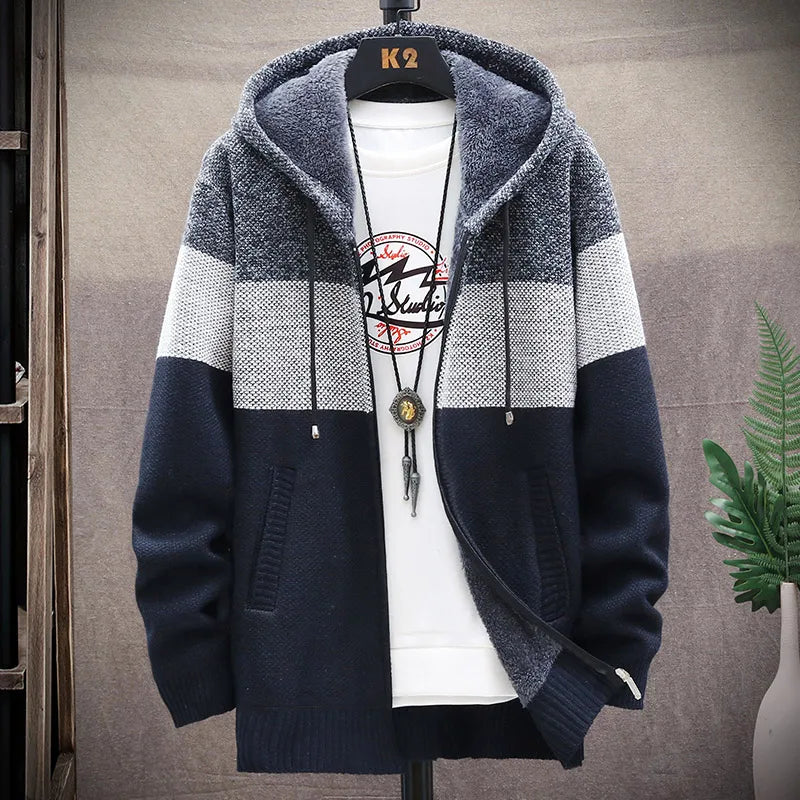 Men's Striped Cardigan Winter Sweater Fleece Jumper Hooded Clothes Harajuku Japanese Casual Windbreaker Korean Knit Jacket Coat