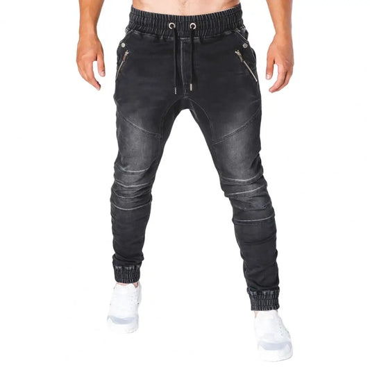 Men's Outdoor Summer Riding Jeans Motorpoof Jeans Skinny Jeans Fashion Pockets Denim Pencil Pants Ankle Tied Denim Trousers