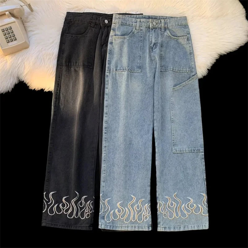Y2K Vintage Flame Printed Jeans For Men Baggy Streetwear Wide Leg Denim Trousers 2025 New Hip Hop Fashion Straight Pantalones