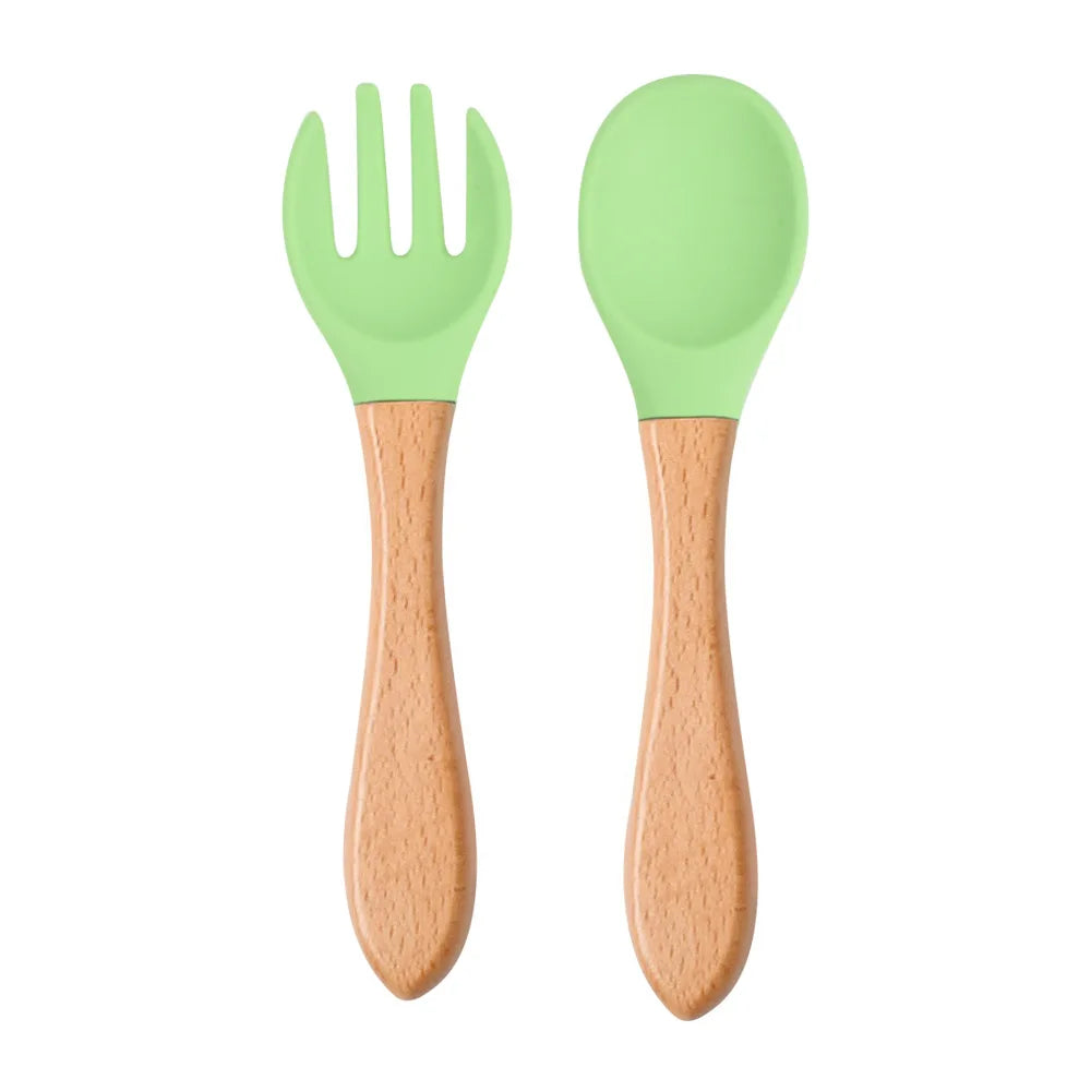 2pcs/set Food Grade Silicone Mini Fork Spoon For Baby Wooden Print Utensils Set Feeding Spoon Learn To Eat Children's Tableware