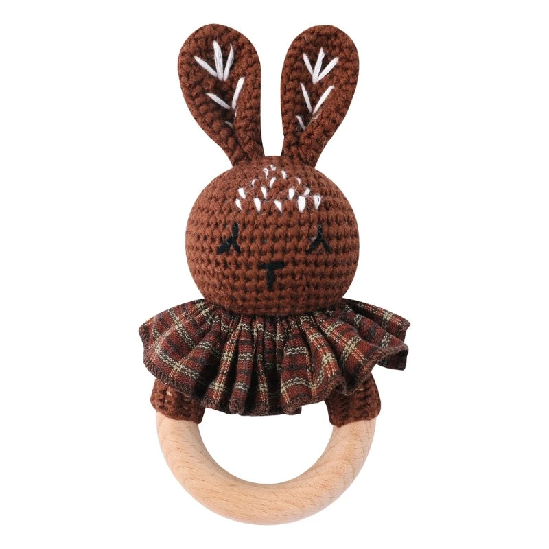 1Set Crochet Bunny Baby Teether Rattle Safe Beech Wooden Teether Ring Pacifier Clip Chain Set Newborn Mobile Gym Educational Toy