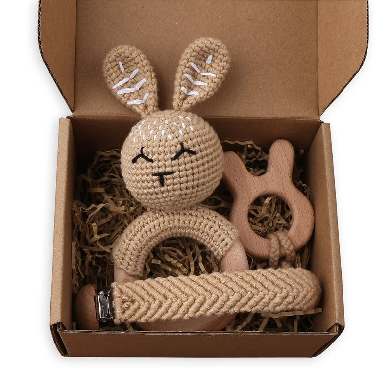 1Set Crochet Bunny Baby Teether Rattle Safe Beech Wooden Teether Ring Pacifier Clip Chain Set Newborn Mobile Gym Educational Toy